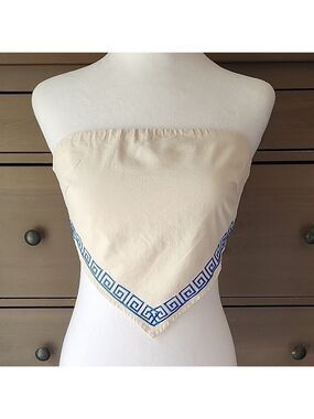 Cream Tied Back Strapless Top with Blue Greek Key Design Size XS